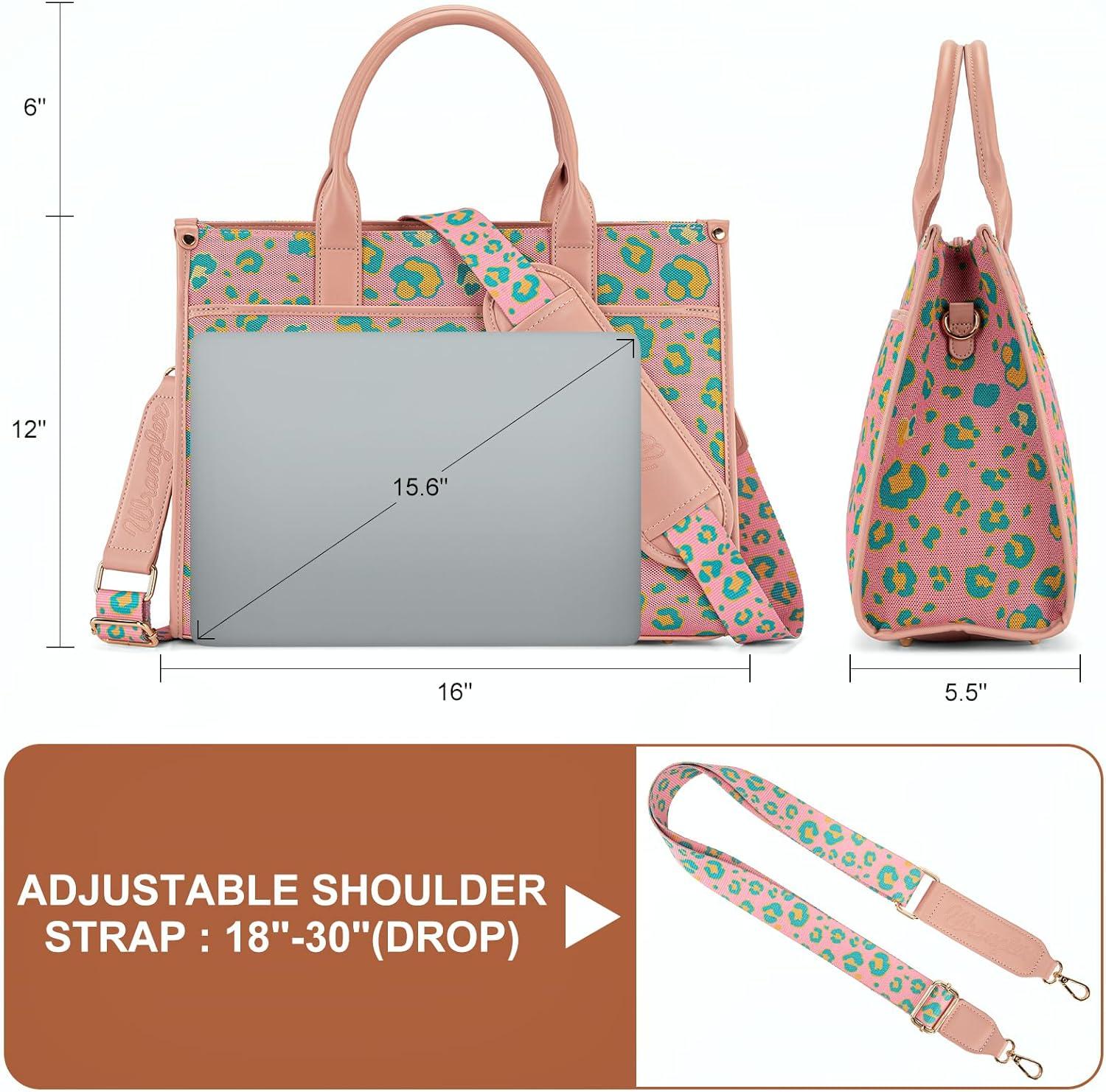 imageWrangler Laptop Bag 156 Inch Large Tote Bag Leopard Womens Computer Bags Briefcase Bags for Work with Detachable StrapLeopard Pink