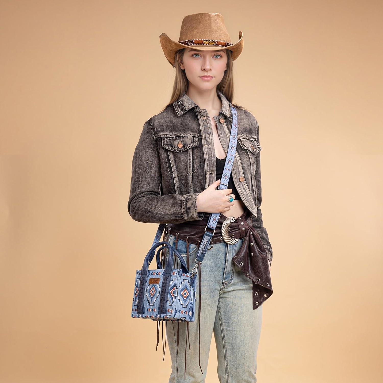 imageWrangler Mini Aztec Tote Bag for Women Boho Small Top Handle Purse with Adjustable StrapBoho Blue Jeans