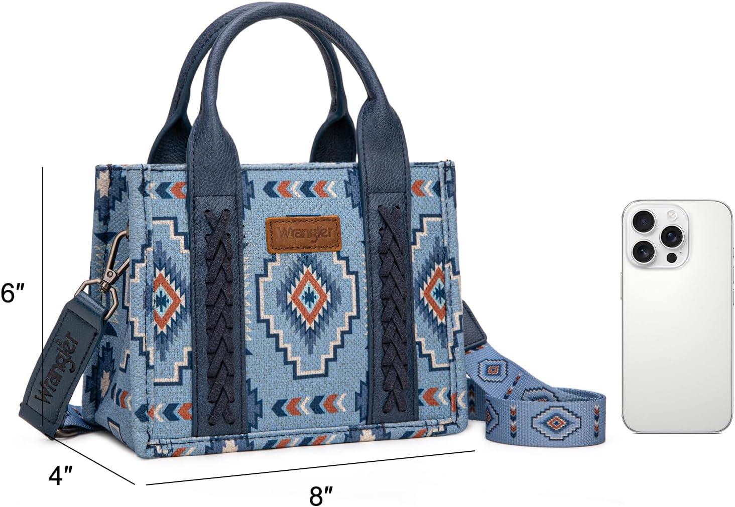 imageWrangler Mini Aztec Tote Bag for Women Boho Small Top Handle Purse with Adjustable StrapBoho Blue Jeans