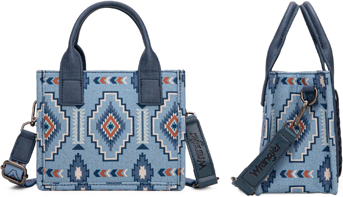 imageWrangler Mini Aztec Tote Bag for Women Boho Small Top Handle Purse with Adjustable StrapBoho Blue Jeans