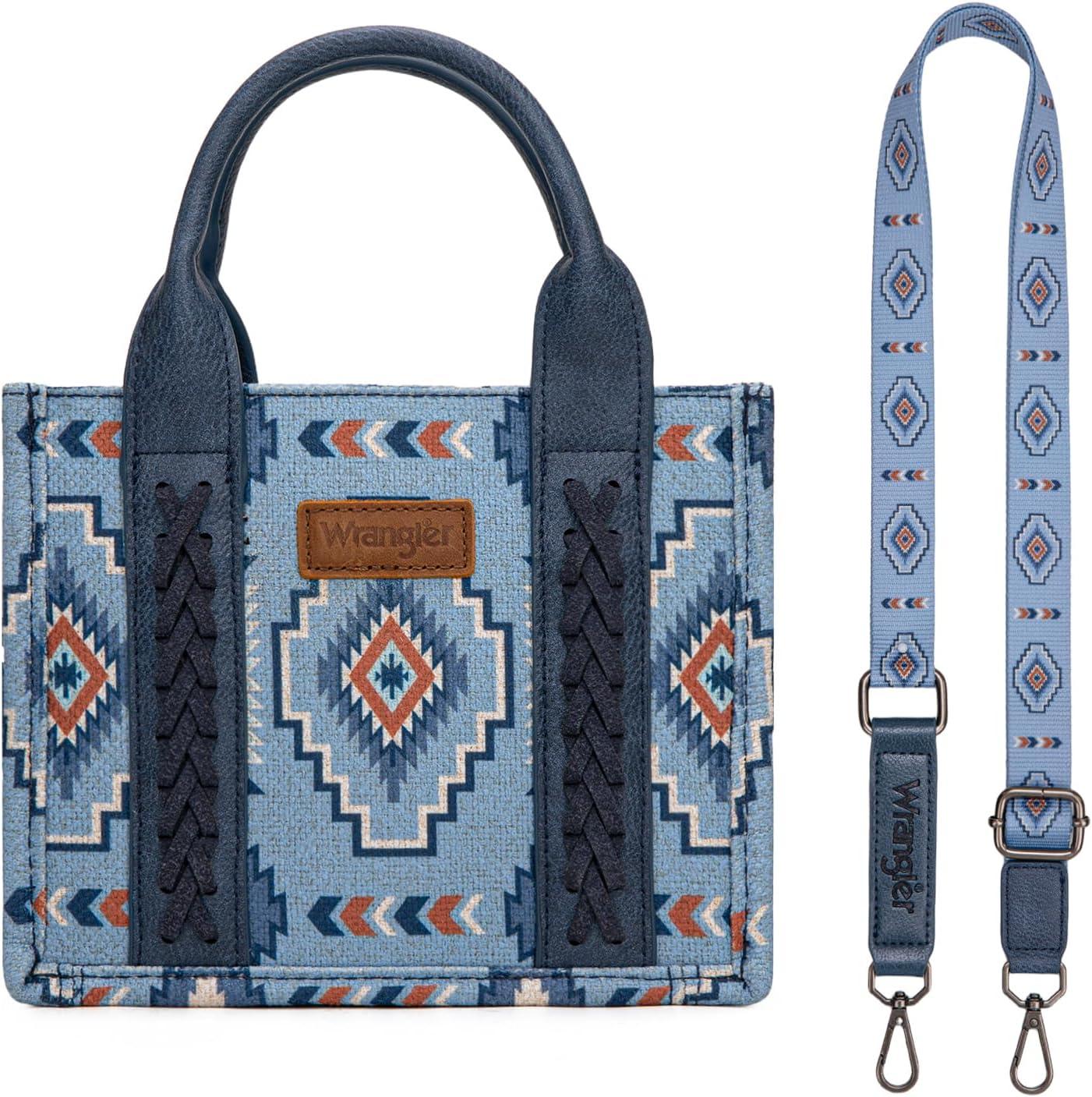 imageWrangler Mini Aztec Tote Bag for Women Boho Small Top Handle Purse with Adjustable StrapBoho Blue Jeans
