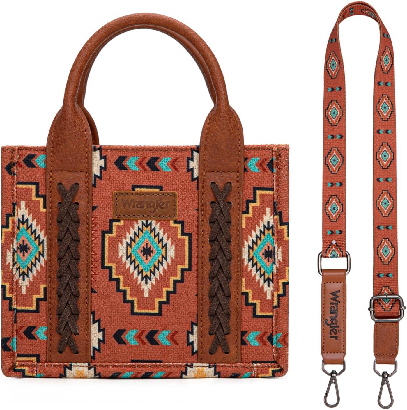 imageWrangler Mini Aztec Tote Bag for Women Boho Small Top Handle Purse with Adjustable StrapBoho Brown