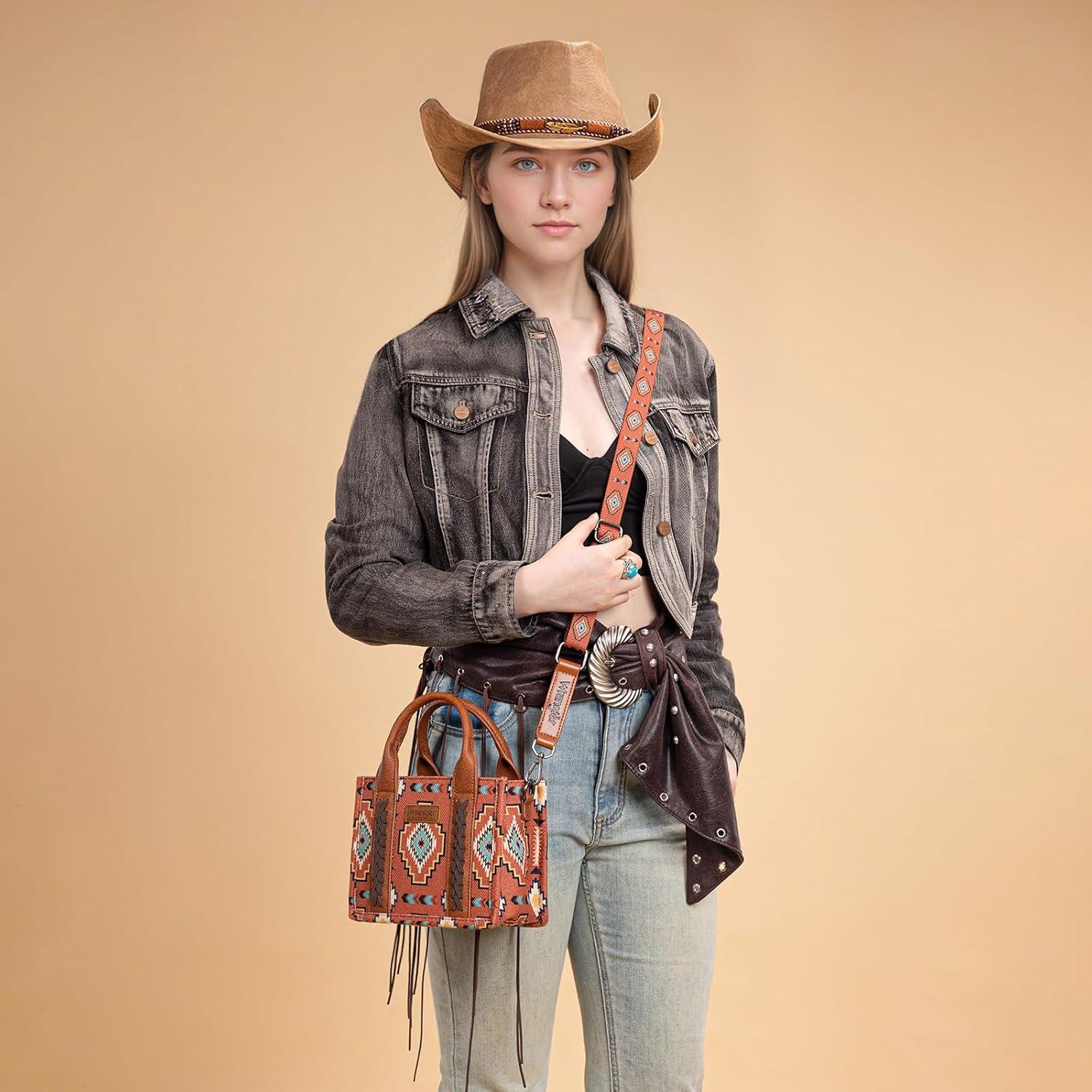 imageWrangler Mini Aztec Tote Bag for Women Boho Small Top Handle Purse with Adjustable StrapBoho Brown