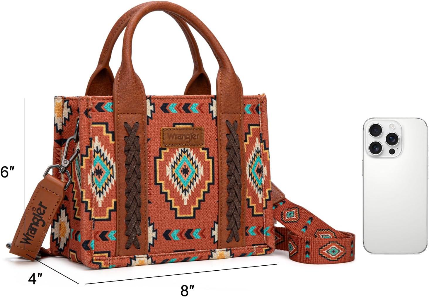 imageWrangler Mini Aztec Tote Bag for Women Boho Small Top Handle Purse with Adjustable StrapBoho Brown