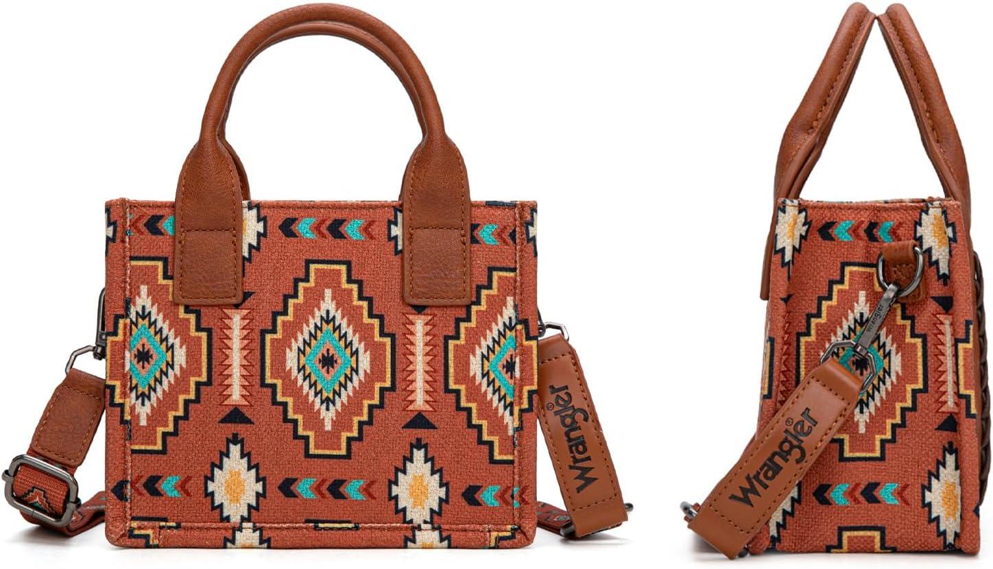 imageWrangler Mini Aztec Tote Bag for Women Boho Small Top Handle Purse with Adjustable StrapBoho Brown