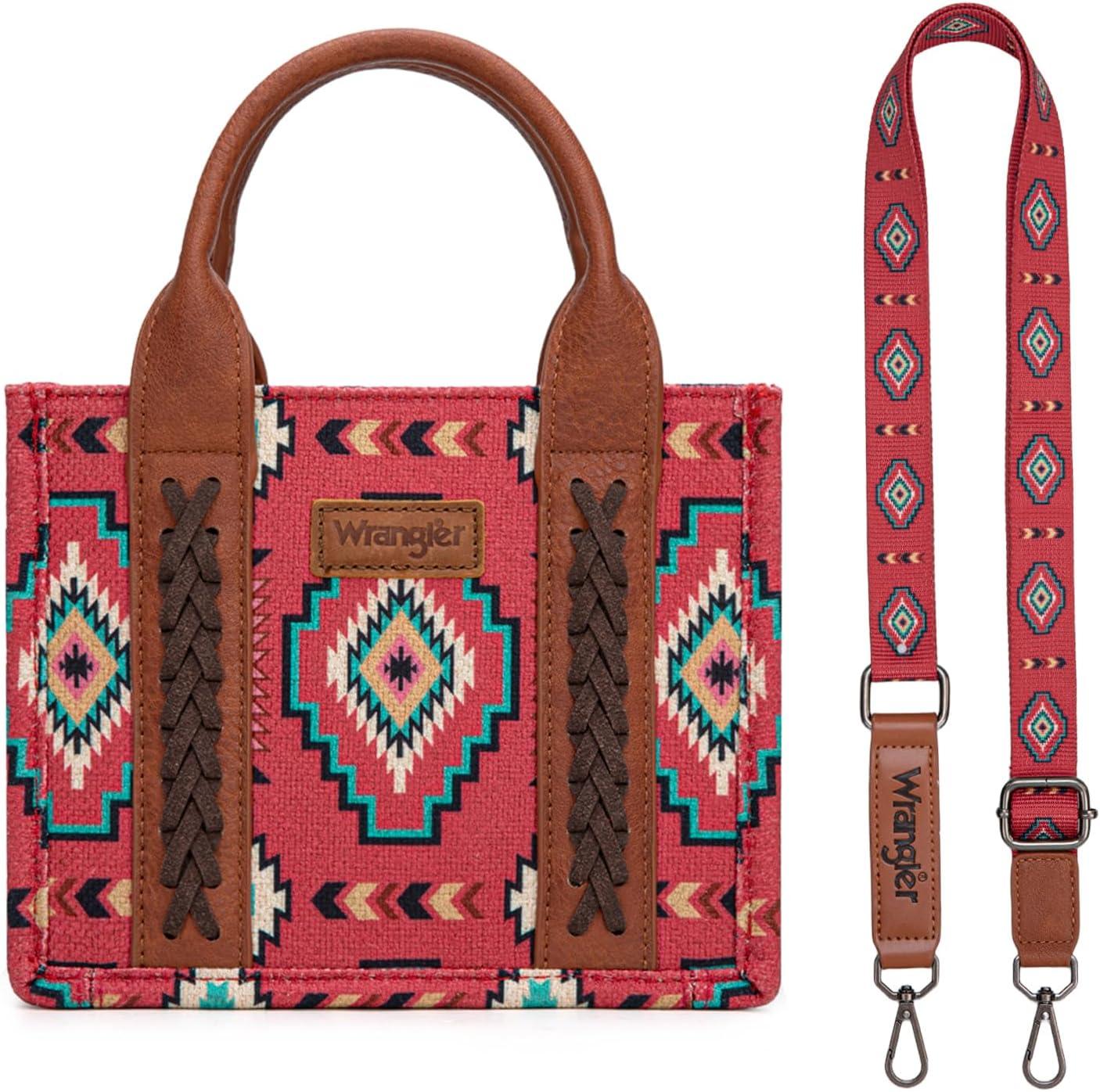 imageWrangler Mini Aztec Tote Bag for Women Boho Small Top Handle Purse with Adjustable StrapBoho Burgundy Red