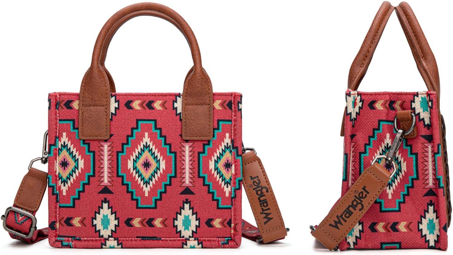 imageWrangler Mini Aztec Tote Bag for Women Boho Small Top Handle Purse with Adjustable StrapBoho Burgundy Red