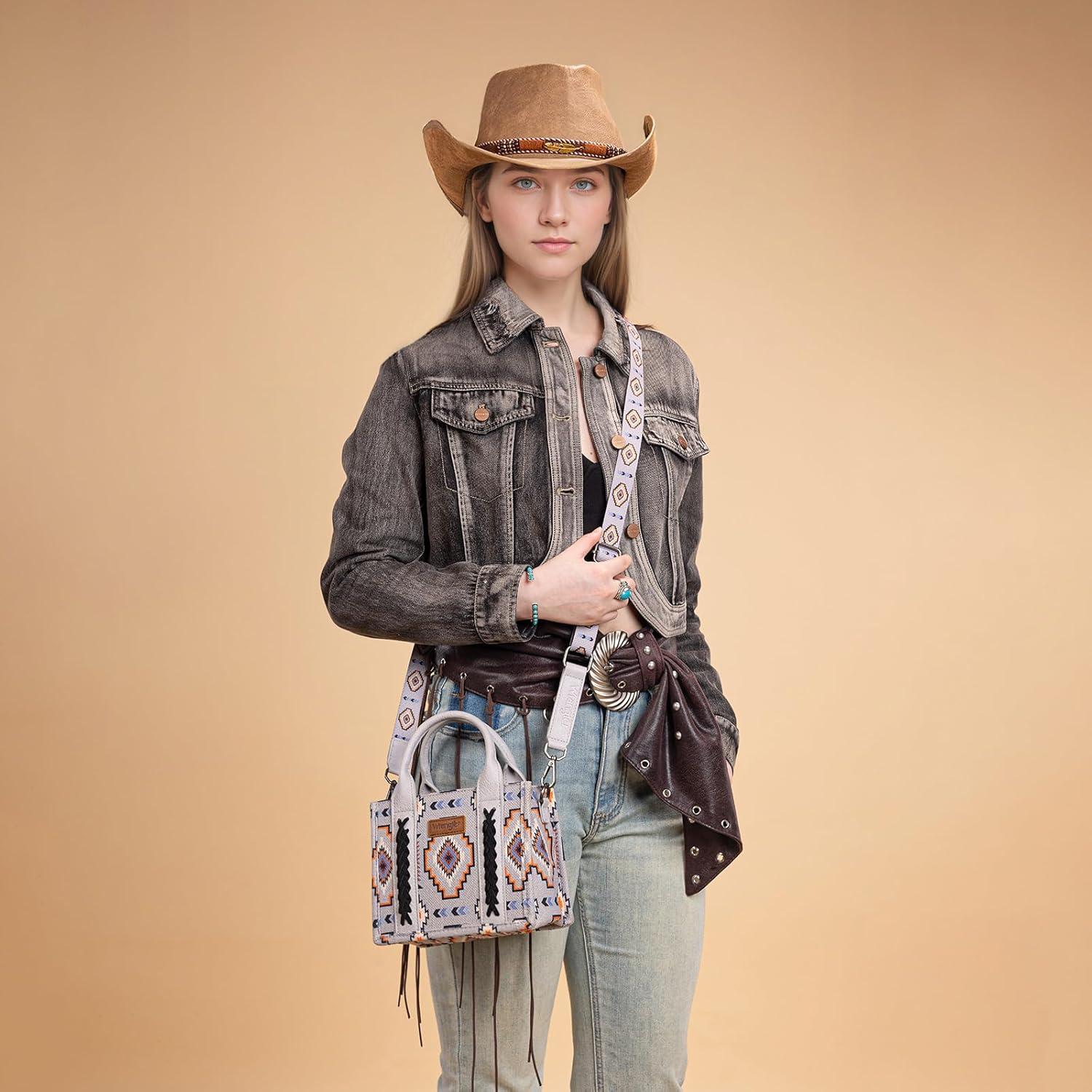 imageWrangler Mini Aztec Tote Bag for Women Boho Small Top Handle Purse with Adjustable StrapBoho Grey
