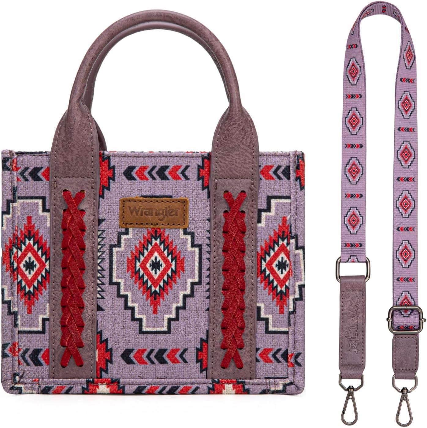 imageWrangler Mini Aztec Tote Bag for Women Boho Small Top Handle Purse with Adjustable StrapBoho Purple