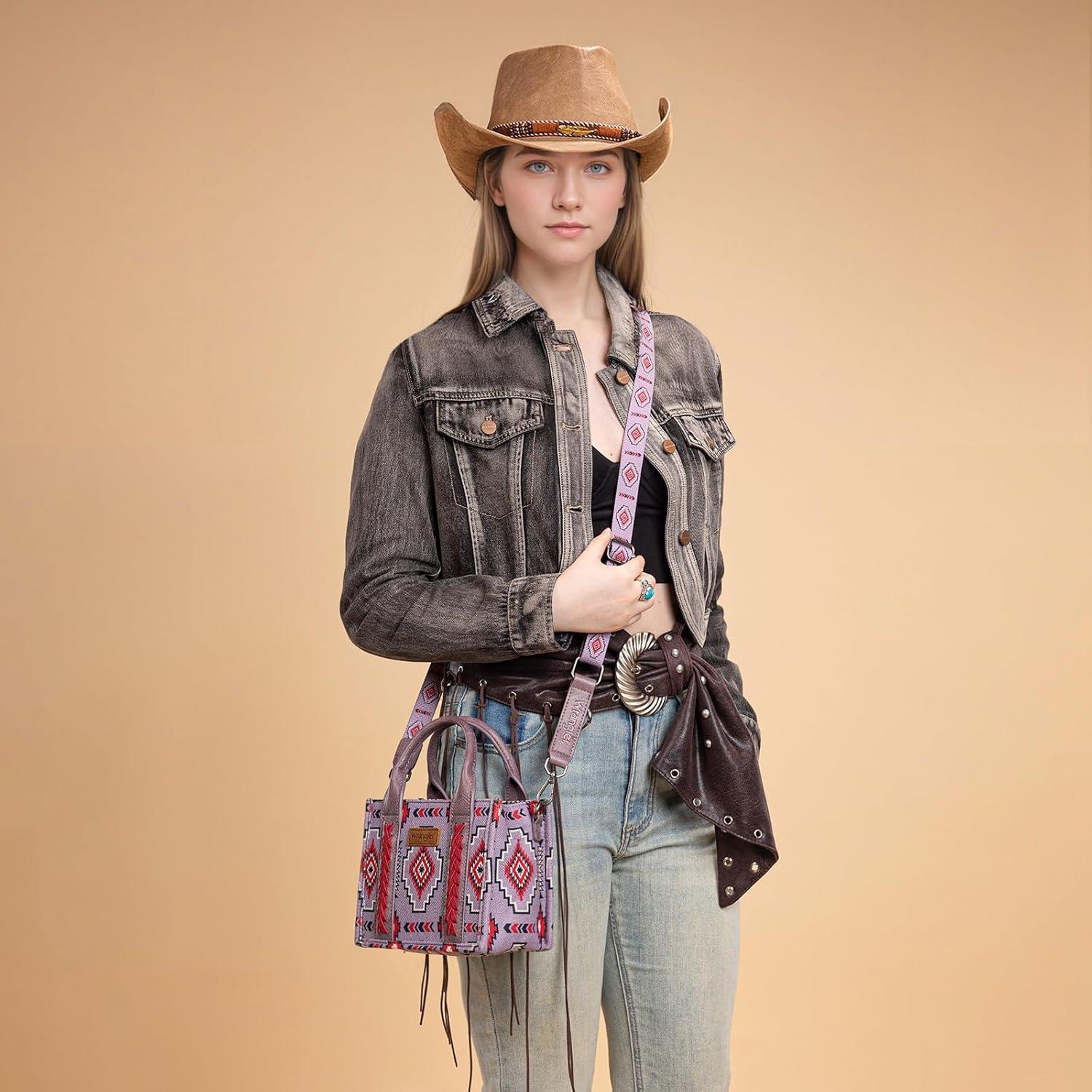 imageWrangler Mini Aztec Tote Bag for Women Boho Small Top Handle Purse with Adjustable StrapBoho Purple