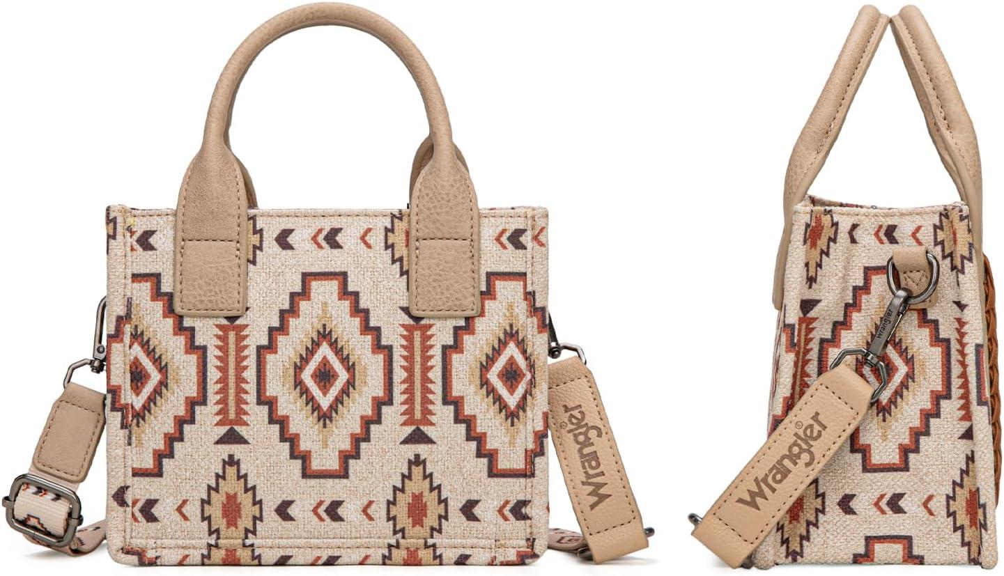imageWrangler Mini Aztec Tote Bag for Women Boho Small Top Handle Purse with Adjustable StrapBoho Tan