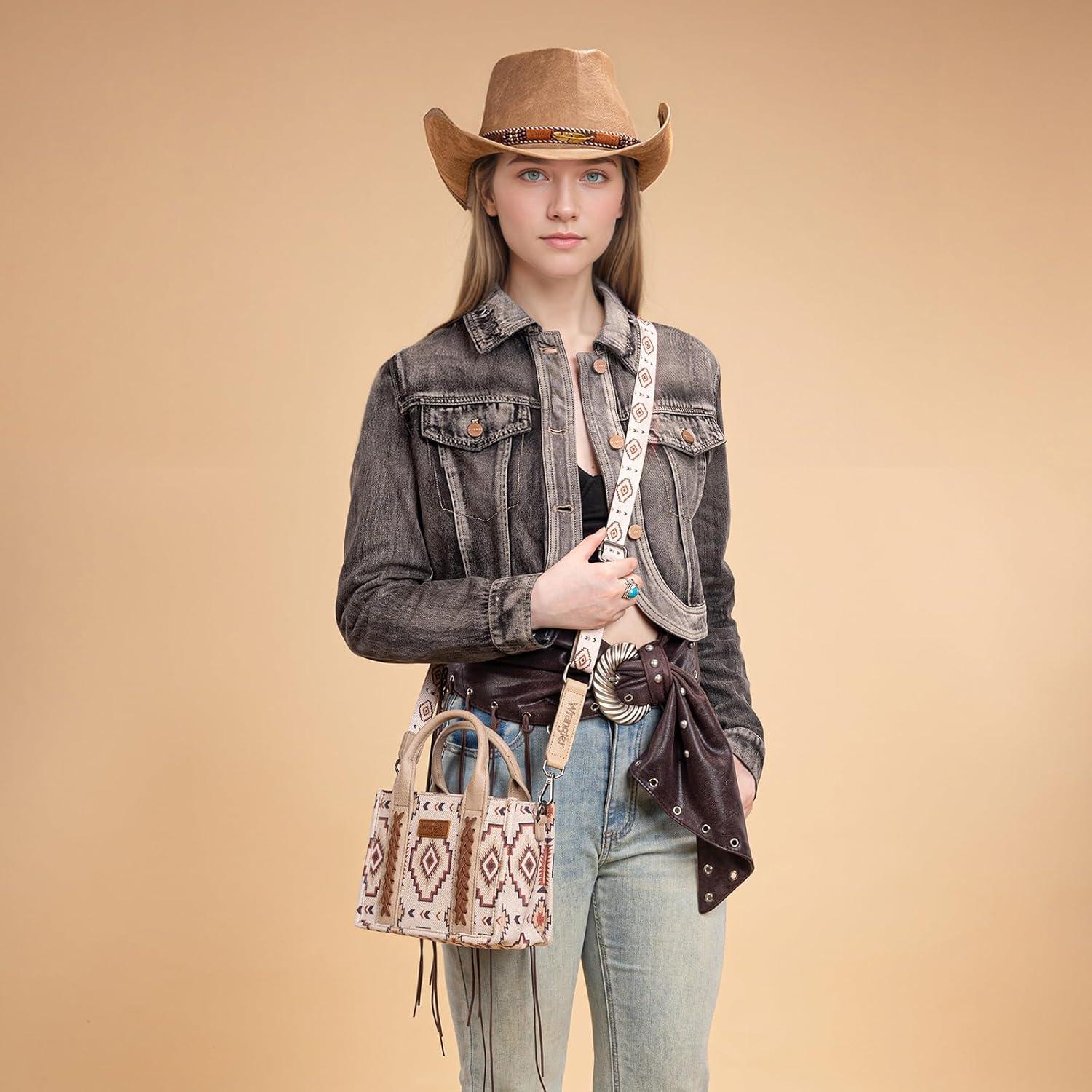 imageWrangler Mini Aztec Tote Bag for Women Boho Small Top Handle Purse with Adjustable StrapBoho Tan