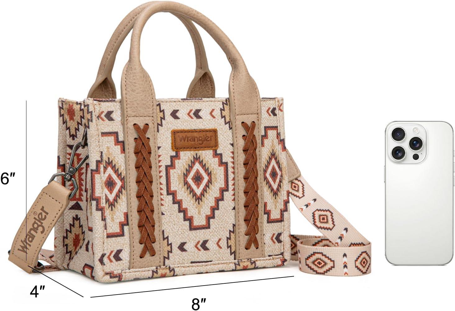 imageWrangler Mini Aztec Tote Bag for Women Boho Small Top Handle Purse with Adjustable StrapBoho Tan