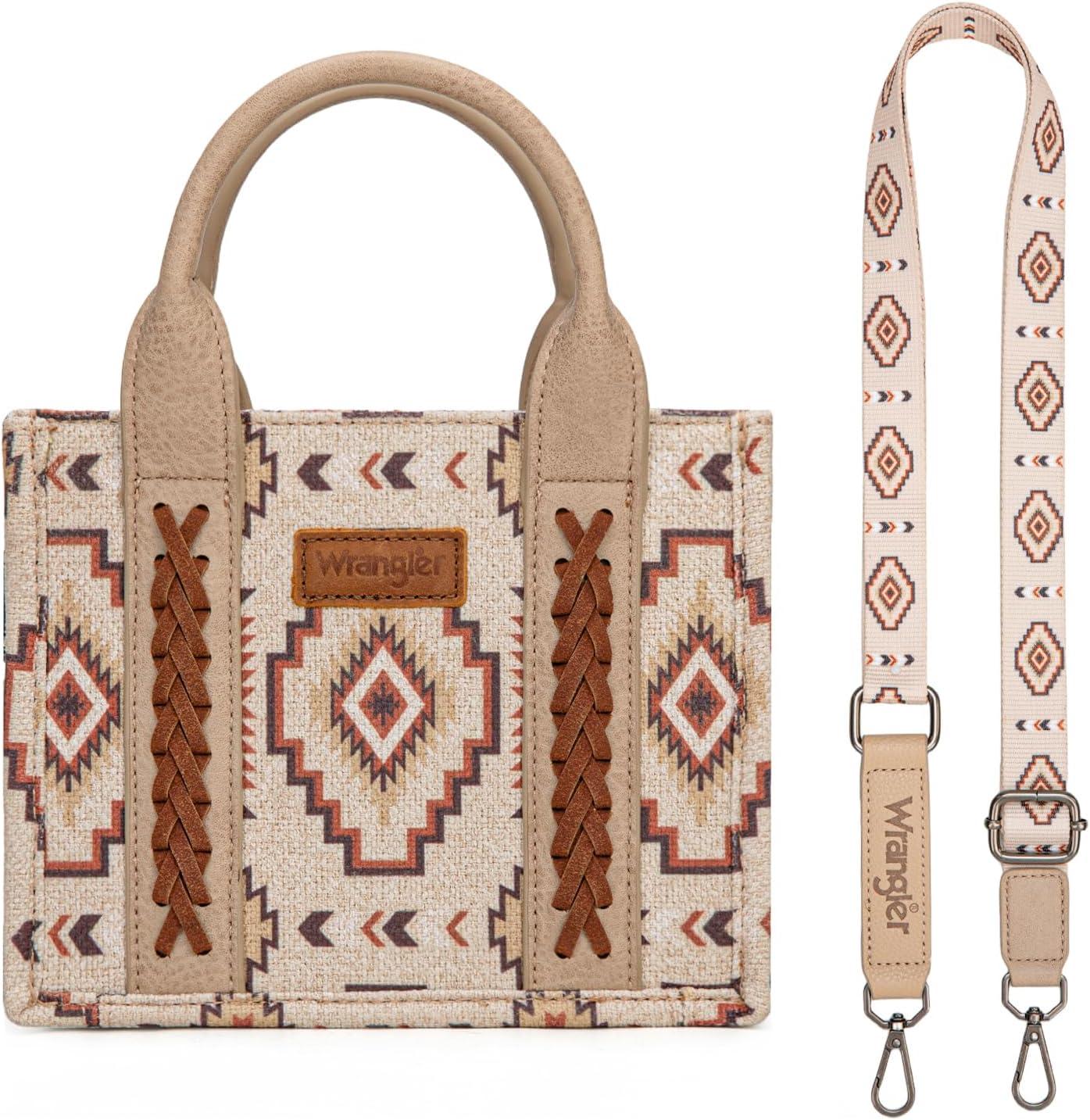 imageWrangler Mini Aztec Tote Bag for Women Boho Small Top Handle Purse with Adjustable StrapBoho Tan
