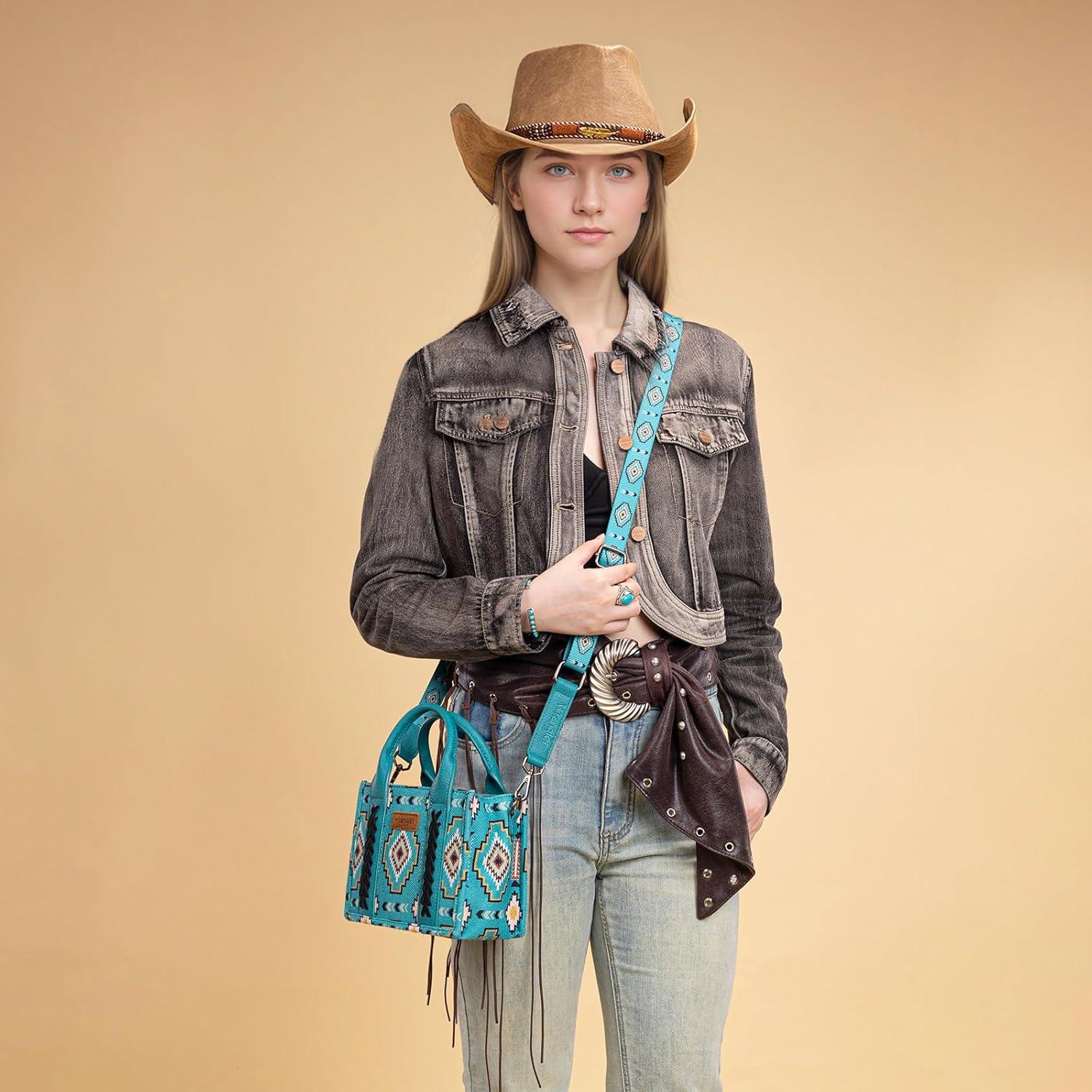 imageWrangler Mini Aztec Tote Bag for Women Boho Small Top Handle Purse with Adjustable StrapBoho Turquoise