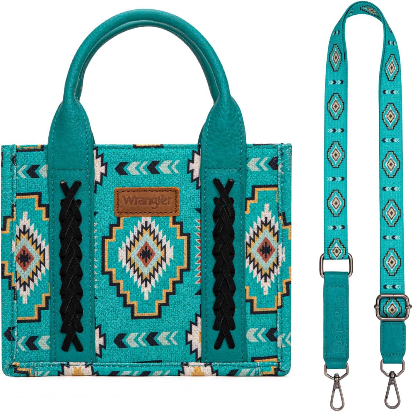 imageWrangler Mini Aztec Tote Bag for Women Boho Small Top Handle Purse with Adjustable StrapBoho Turquoise