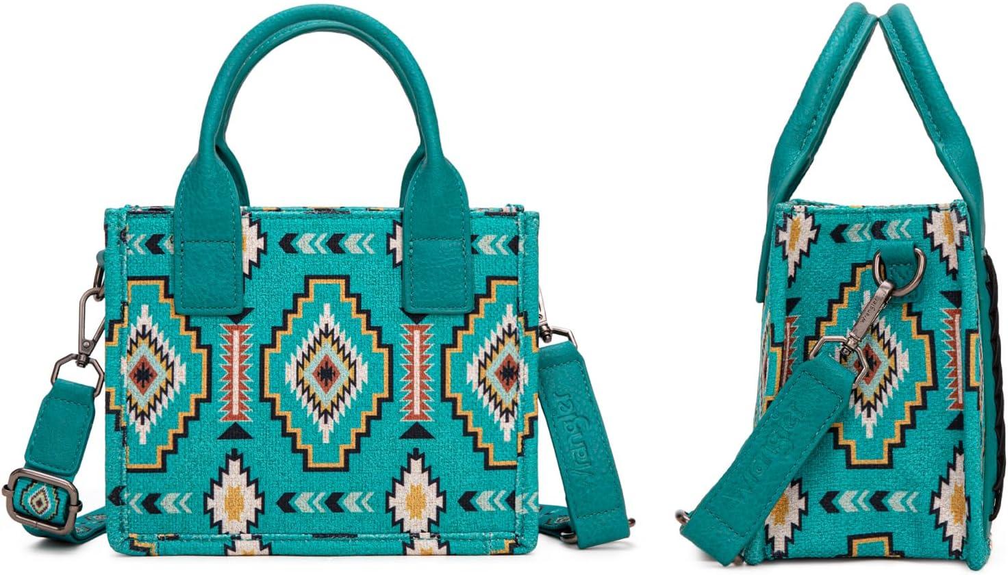 imageWrangler Mini Aztec Tote Bag for Women Boho Small Top Handle Purse with Adjustable StrapBoho Turquoise