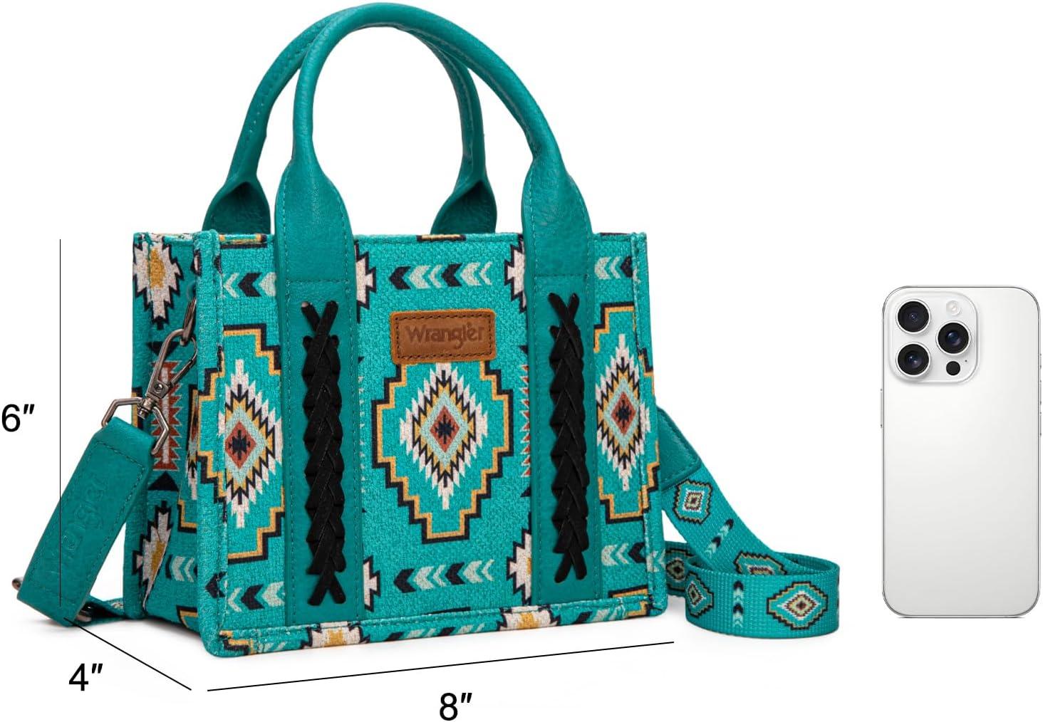 imageWrangler Mini Aztec Tote Bag for Women Boho Small Top Handle Purse with Adjustable StrapBoho Turquoise