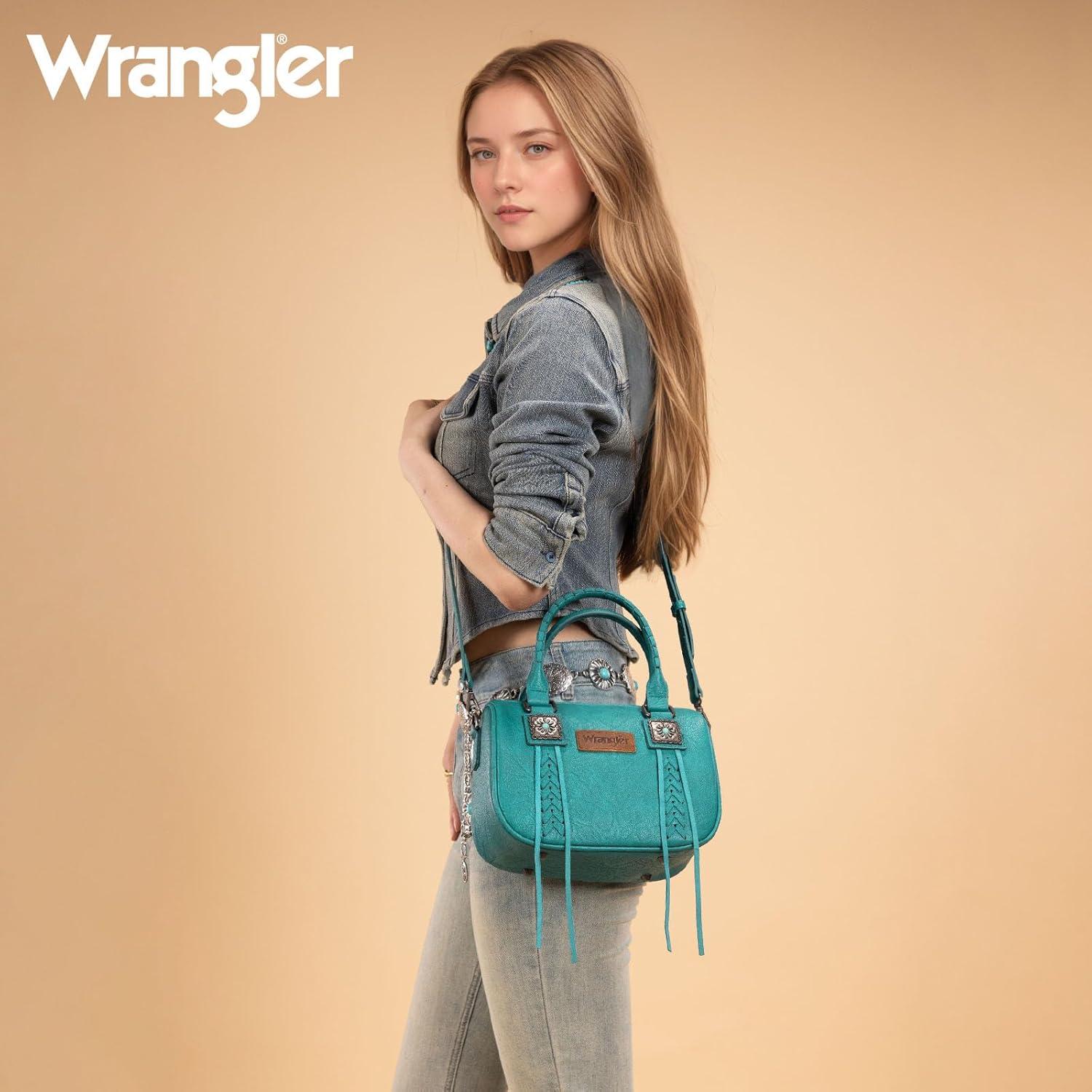 imageWrangler Satchel Bag Fringe Crossbody Purse Turquoise Top Handle Shoulder Bag with Detachable StrapTurquoise