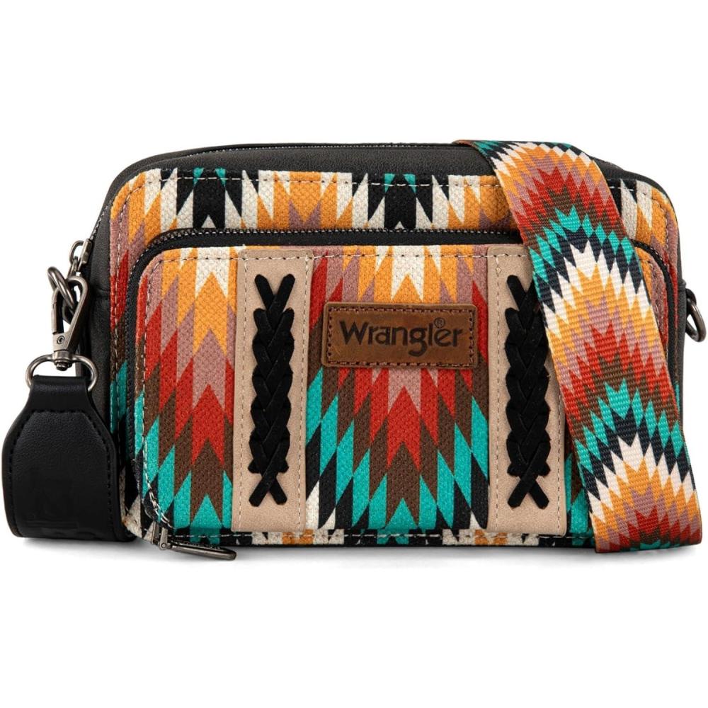 imageWrangler Aztec Crossbody Bag for Women Multi Pocket Shoulder Bag Boho Cross Body Wallet PurseAztecblack