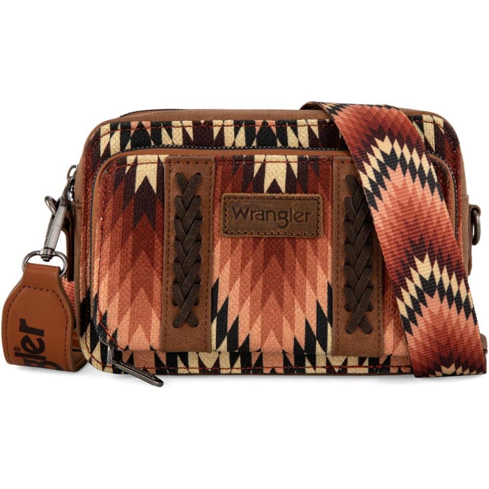 imageWrangler Aztec Crossbody Bag for Women Multi Pocket Shoulder Bag Boho Cross Body Wallet PurseAztecbrown