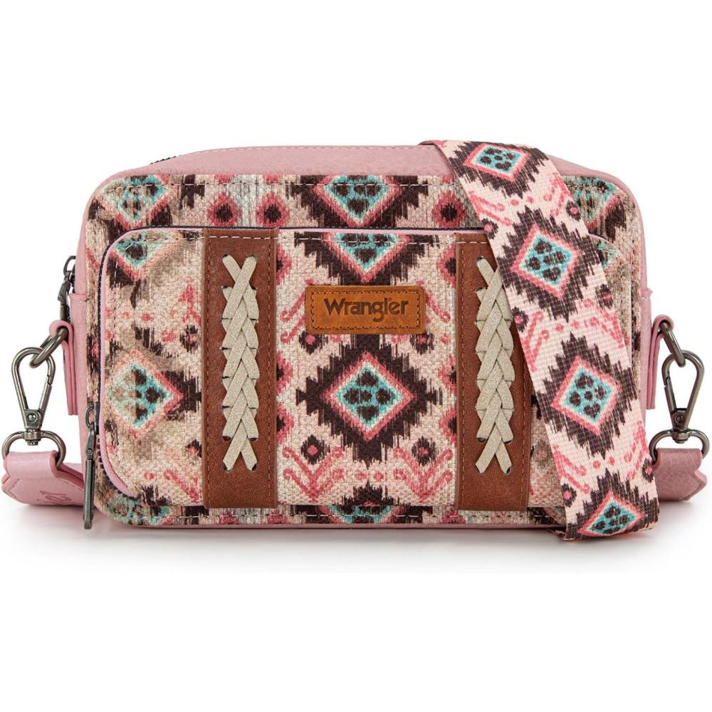 imageWrangler Aztec Crossbody Bag for Women Multi Pocket Shoulder Bag Boho Cross Body Wallet PurseDeep Pink