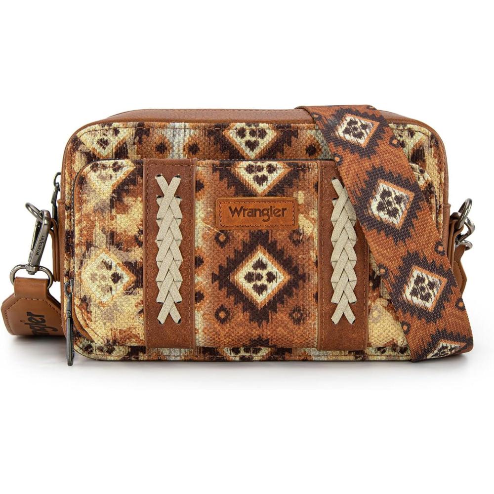 imageWrangler Aztec Crossbody Bag for Women Multi Pocket Shoulder Bag Boho Cross Body Wallet PurseLight Brown