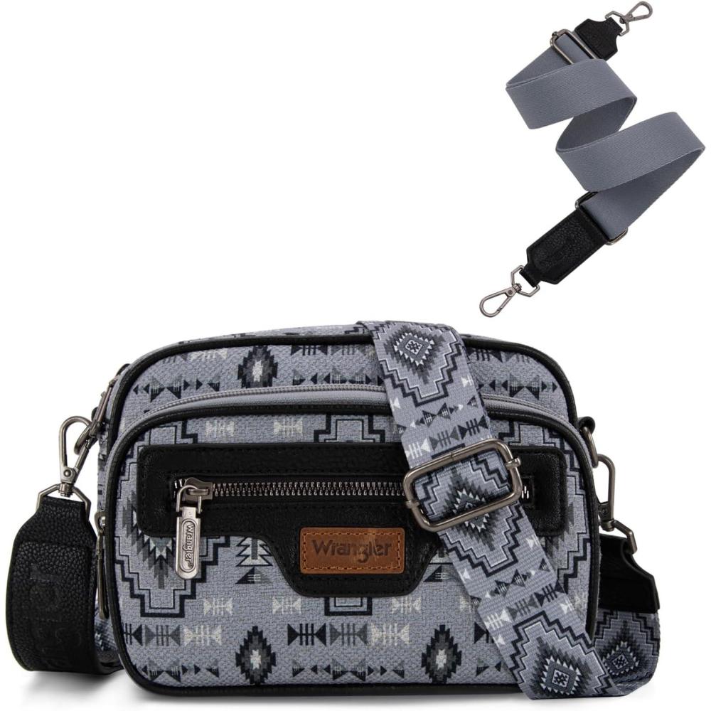 imageWrangler Aztec Crossbody Bags for Women Crossbody Purse Shoulder Handbag Crossover Bag with Two Replaceable StrapBlack