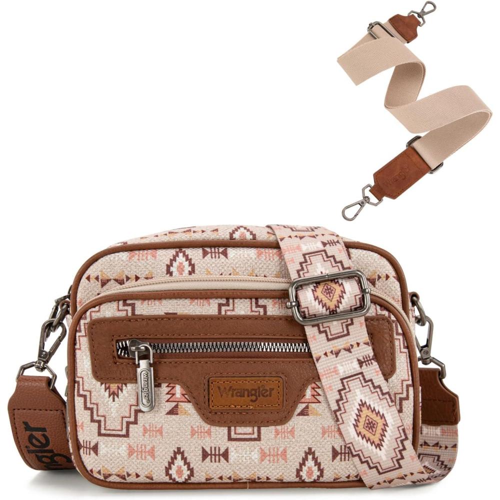 imageWrangler Aztec Crossbody Bags for Women Crossbody Purse Shoulder Handbag Crossover Bag with Two Replaceable StrapLight Brown