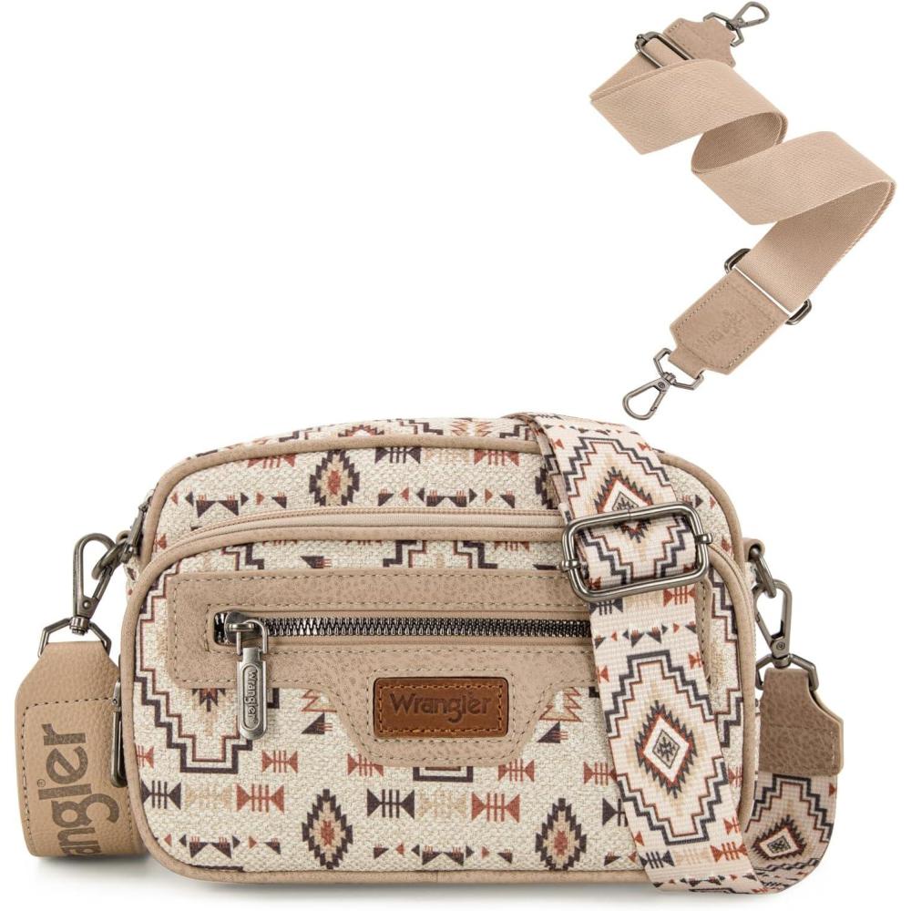 imageWrangler Aztec Crossbody Bags for Women Crossbody Purse Shoulder Handbag Crossover Bag with Two Replaceable StrapTan