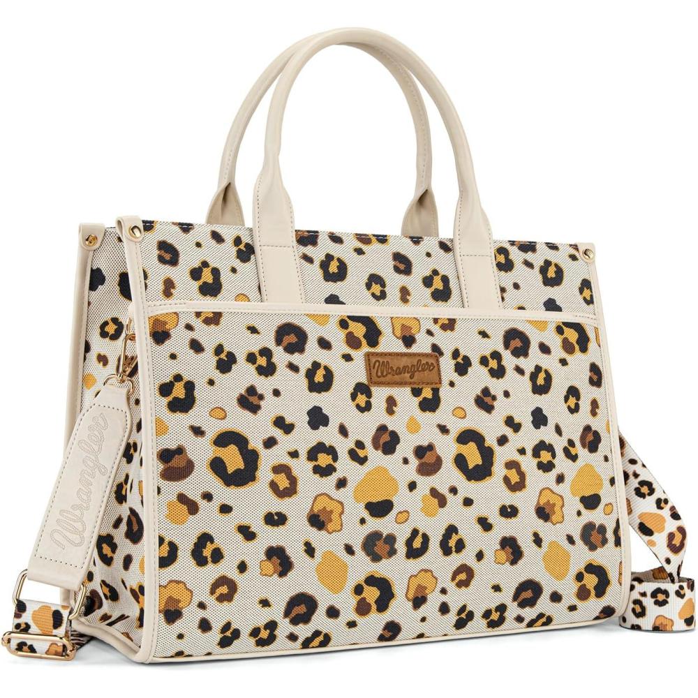 imageWrangler Laptop Bag 156 Inch Large Tote Bag Leopard Womens Computer Bags Briefcase Bags for Work with Detachable StrapLeopard Beige