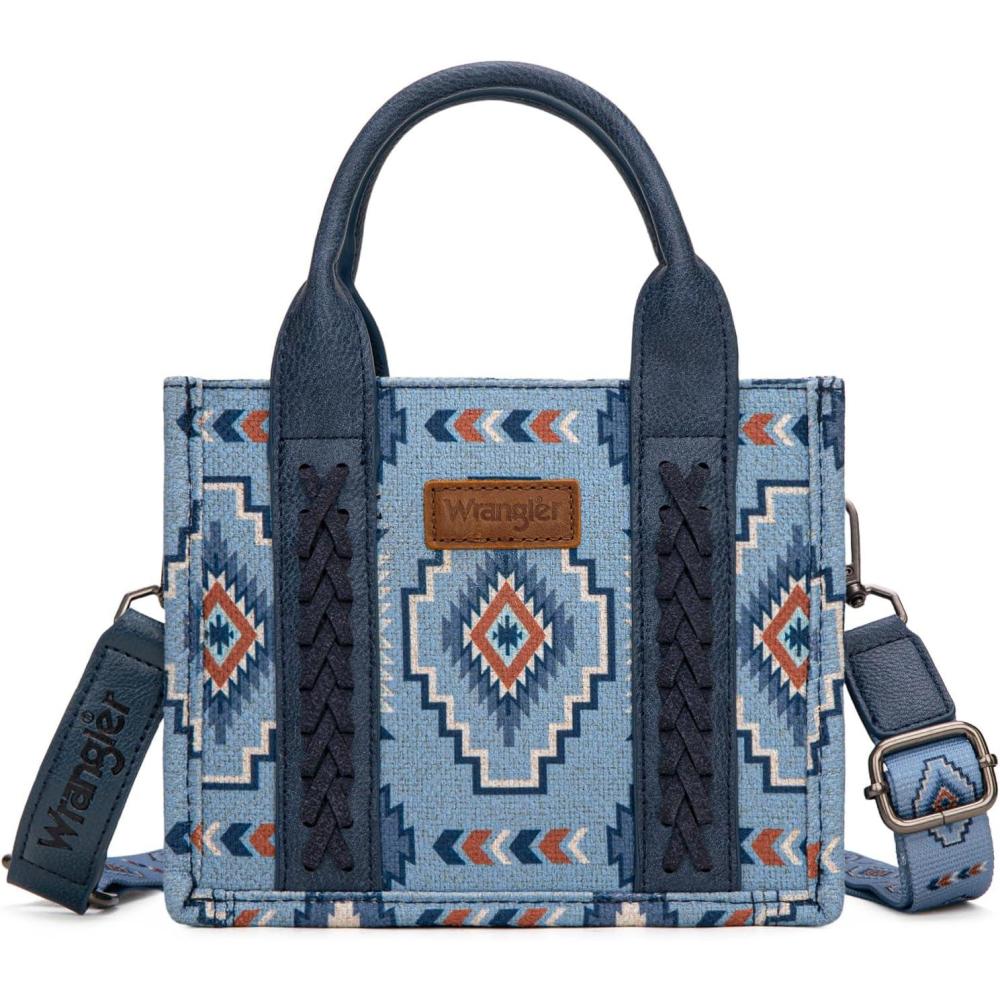 imageWrangler Mini Aztec Tote Bag for Women Boho Small Top Handle Purse with Adjustable StrapBoho Blue Jeans