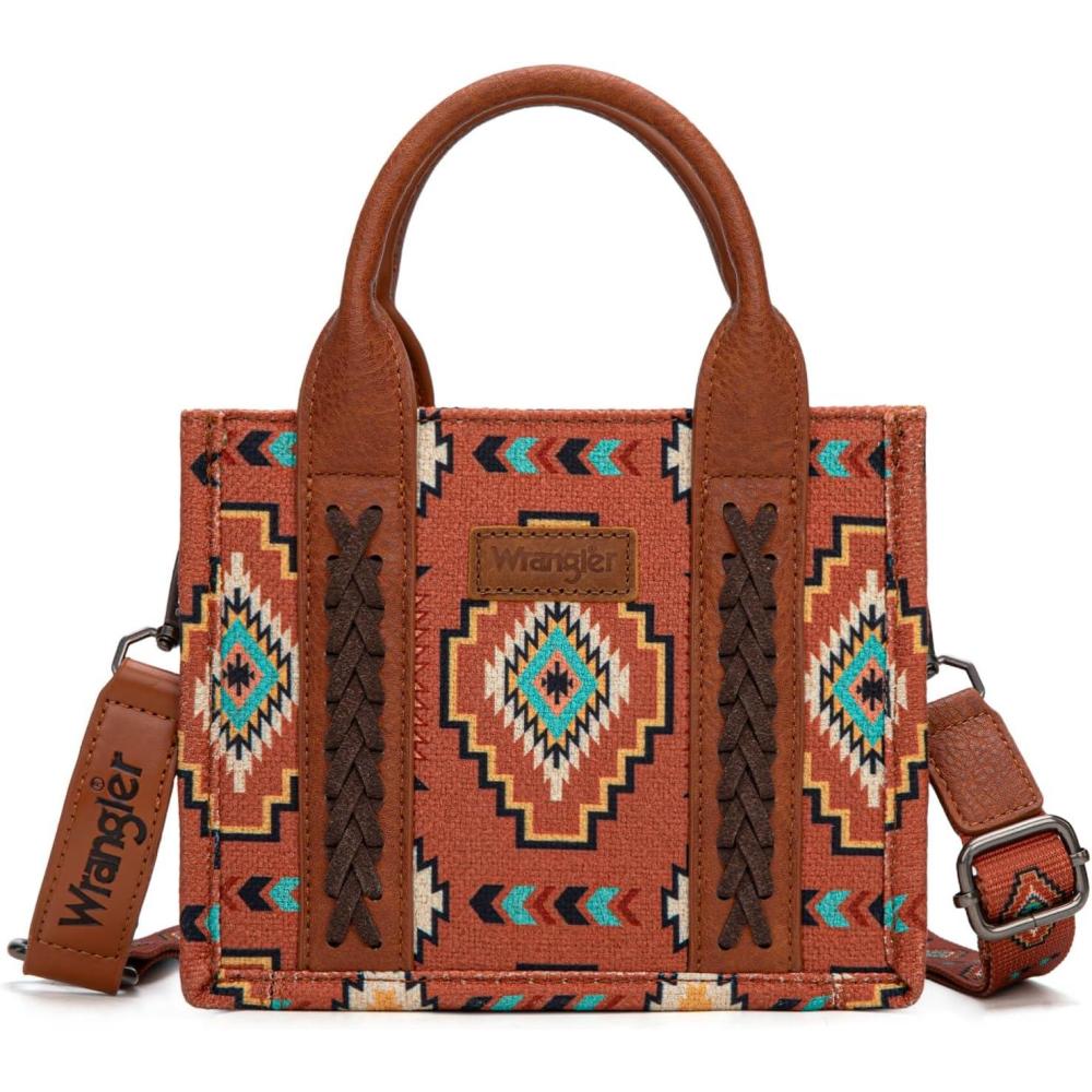 imageWrangler Mini Aztec Tote Bag for Women Boho Small Top Handle Purse with Adjustable StrapBoho Brown