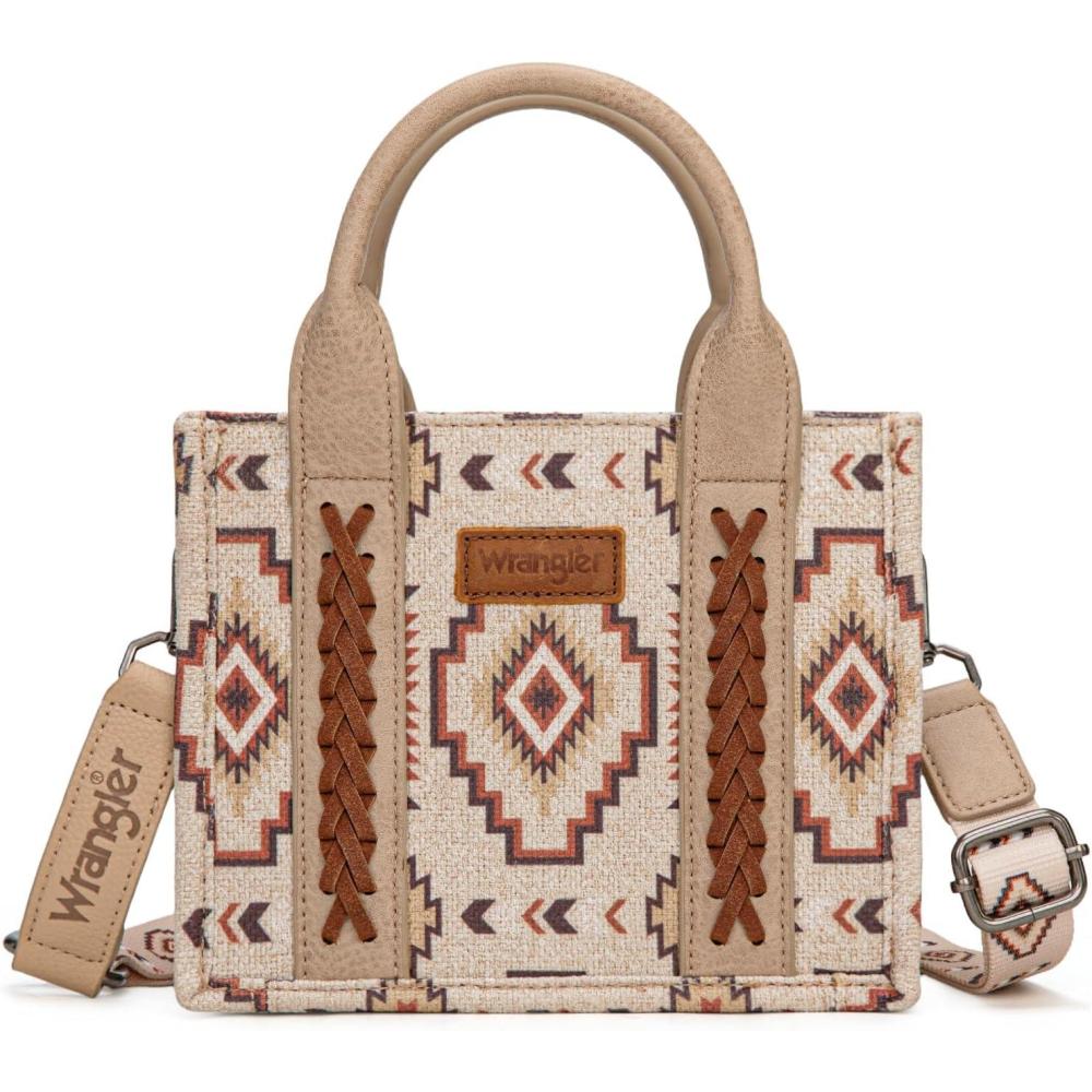 imageWrangler Mini Aztec Tote Bag for Women Boho Small Top Handle Purse with Adjustable StrapBoho Tan