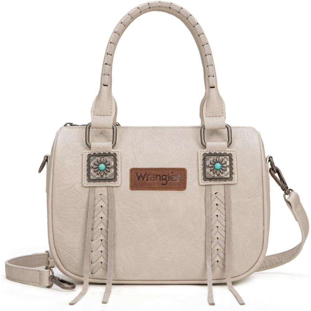 imageWrangler Satchel Bag Fringe Crossbody Purse Turquoise Top Handle Shoulder Bag with Detachable StrapBeige