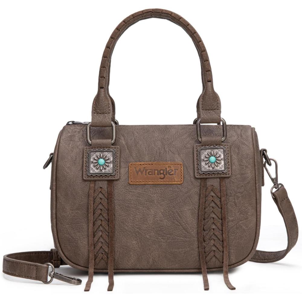 imageWrangler Satchel Bag Fringe Crossbody Purse Turquoise Top Handle Shoulder Bag with Detachable StrapCoffee