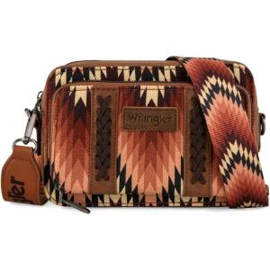 Wrangler Aztec Crossbody Bag for Women Multi Pocket Shoulder Bag Boho Cross Body Wallet Purse(Aztec-brown)