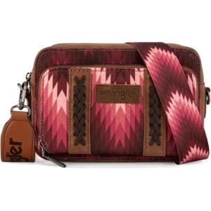 Wrangler Aztec Crossbody Bag for Women Multi Pocket Shoulder Bag Boho Cross Body Wallet Purse(Aztec-deep Pink)