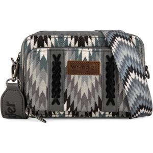 Wrangler Aztec Crossbody Bag for Women Multi Pocket Shoulder Bag Boho Cross Body Wallet Purse(Aztec-grey)