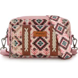 Wrangler Aztec Crossbody Bag for Women Multi Pocket Shoulder Bag Boho Cross Body Wallet Purse(Deep Pink)