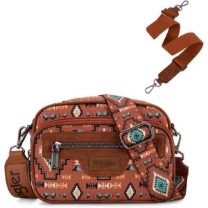 Wrangler Aztec Crossbody Bags for Women Crossbody Purse Shoulder Handbag Crossover Bag with Two Replaceable Strap(Brown)