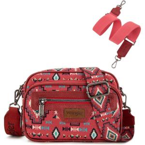 Wrangler Aztec Crossbody Bags for Women Crossbody Purse Shoulder Handbag Crossover Bag with Two Replaceable Strap(Burgundy)