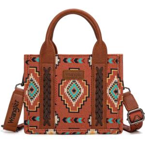 Wrangler Mini Aztec Tote Bag for Women Boho Small Top Handle Purse with Adjustable Strap(Boho Brown)