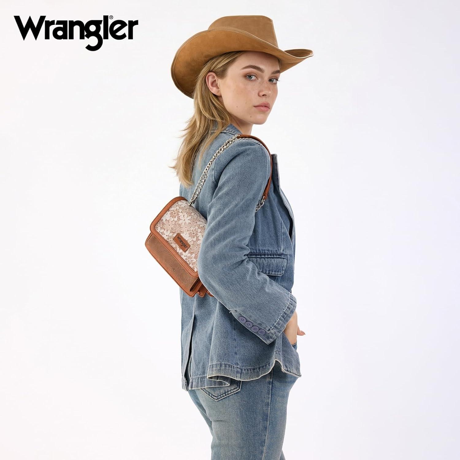 imageWrangler Flap Shoulder Bag for Women Vintage Floral Tooled Crossbody Purse with Chain StrapBrown