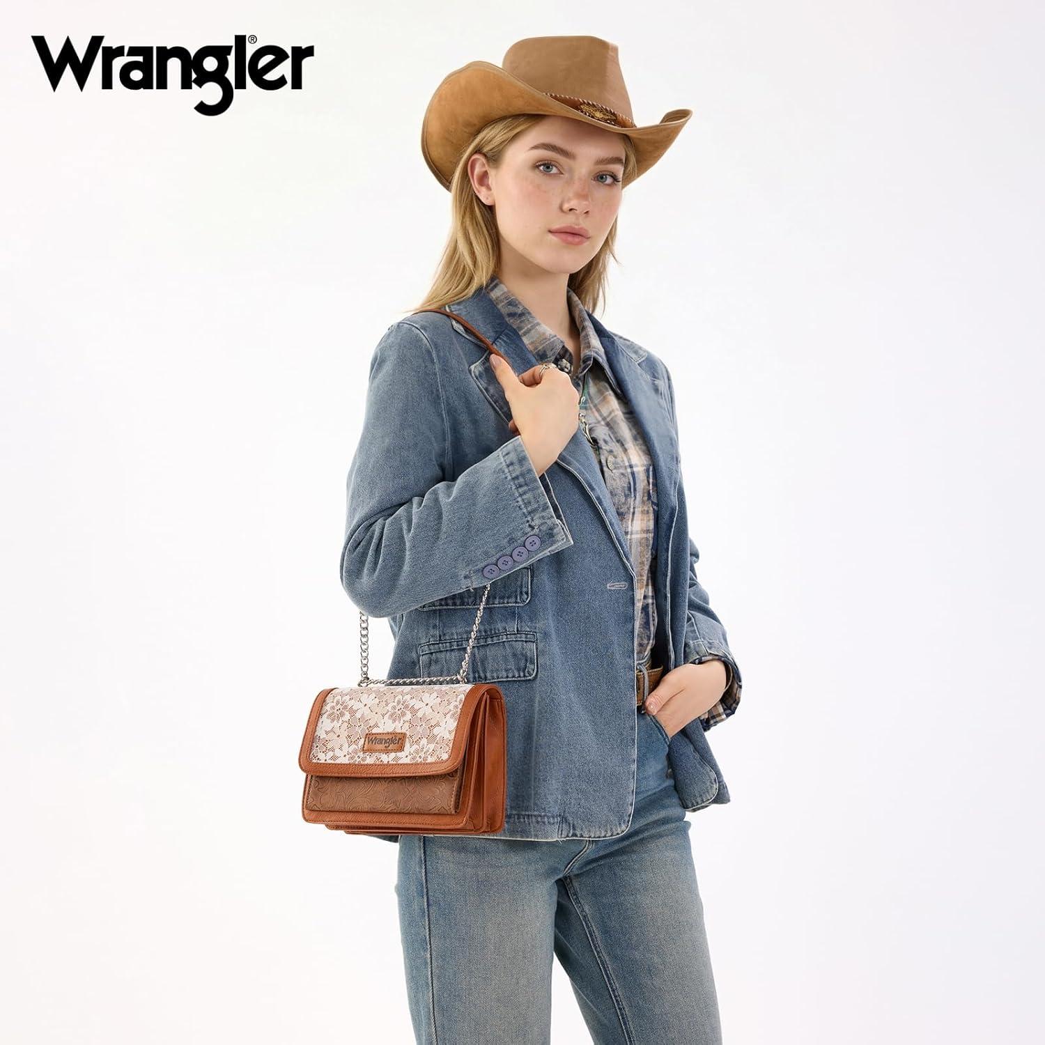 imageWrangler Flap Shoulder Bag for Women Vintage Floral Tooled Crossbody Purse with Chain StrapBrown