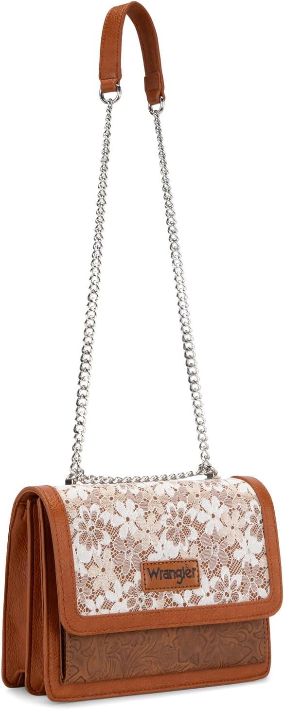 imageWrangler Flap Shoulder Bag for Women Vintage Floral Tooled Crossbody Purse with Chain StrapBrown