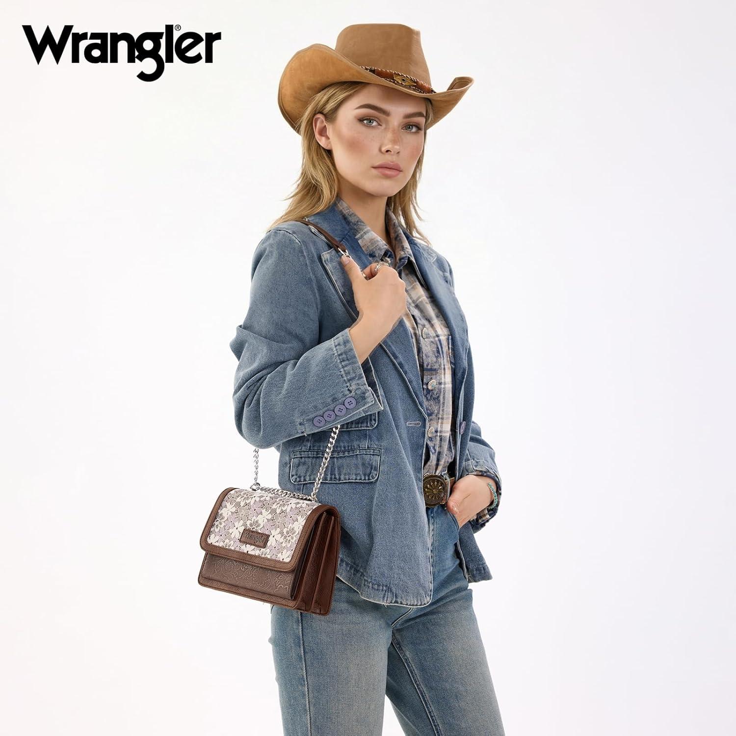imageWrangler Flap Shoulder Bag for Women Vintage Floral Tooled Crossbody Purse with Chain StrapCoffee