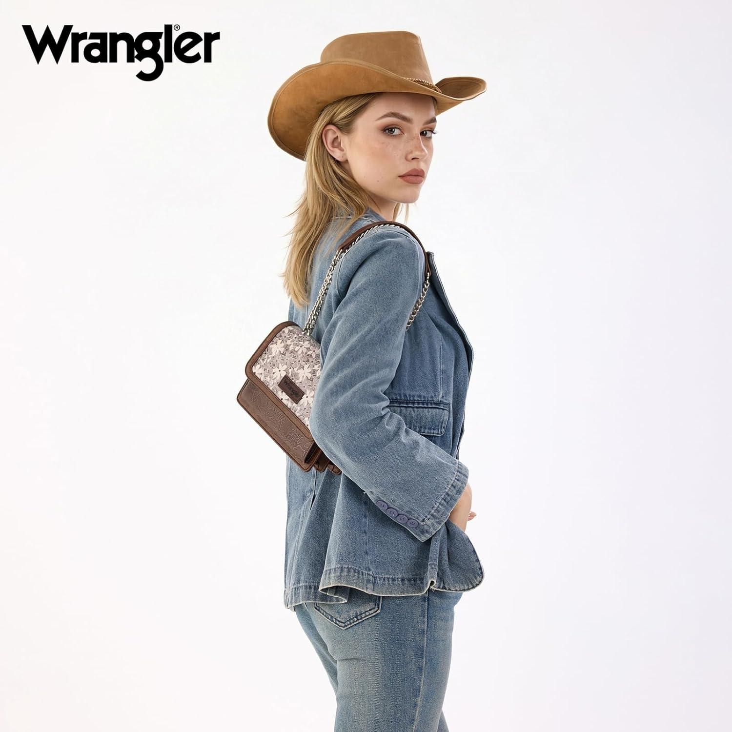 imageWrangler Flap Shoulder Bag for Women Vintage Floral Tooled Crossbody Purse with Chain StrapCoffee