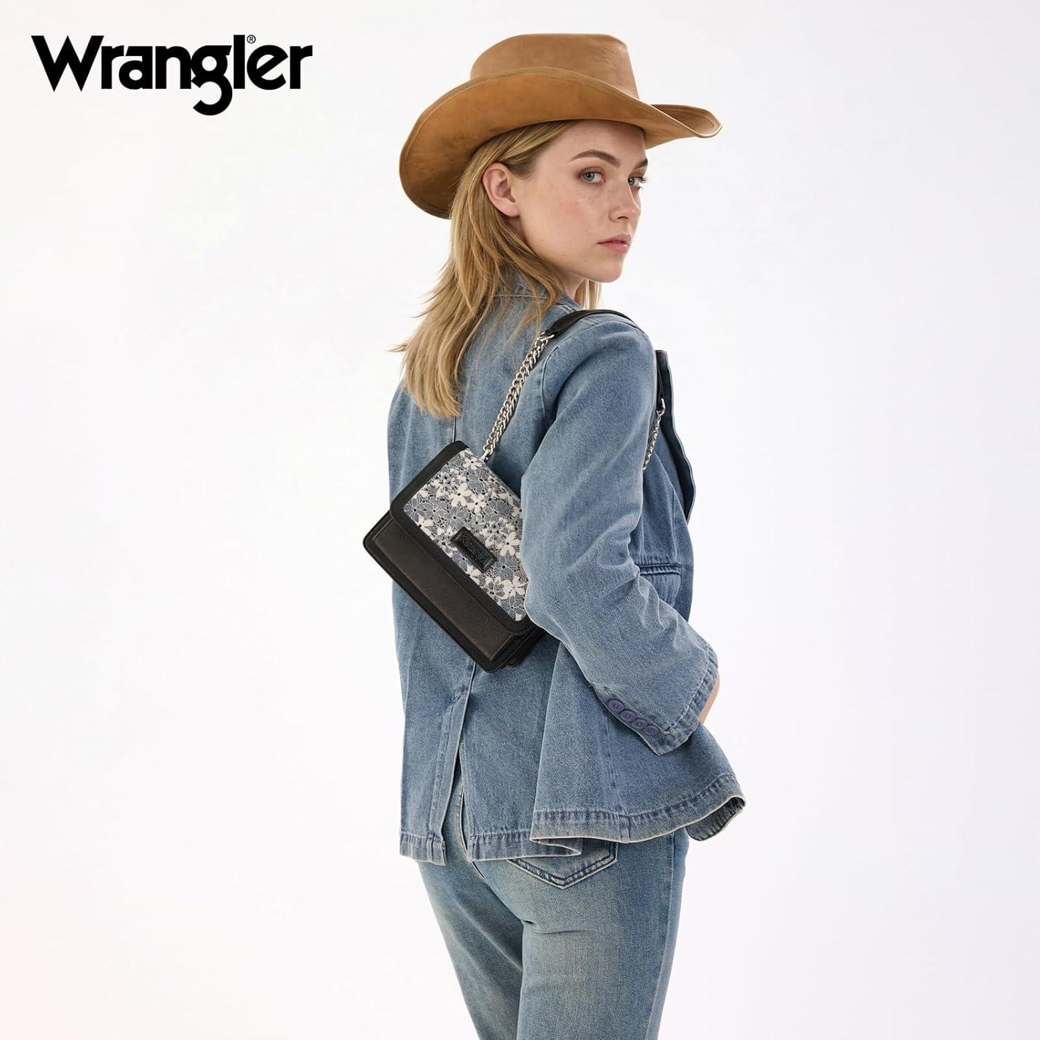 imageWrangler Flap Shoulder Bag for Women Vintage Floral Tooled Crossbody Purse with Chain StrapJet Black