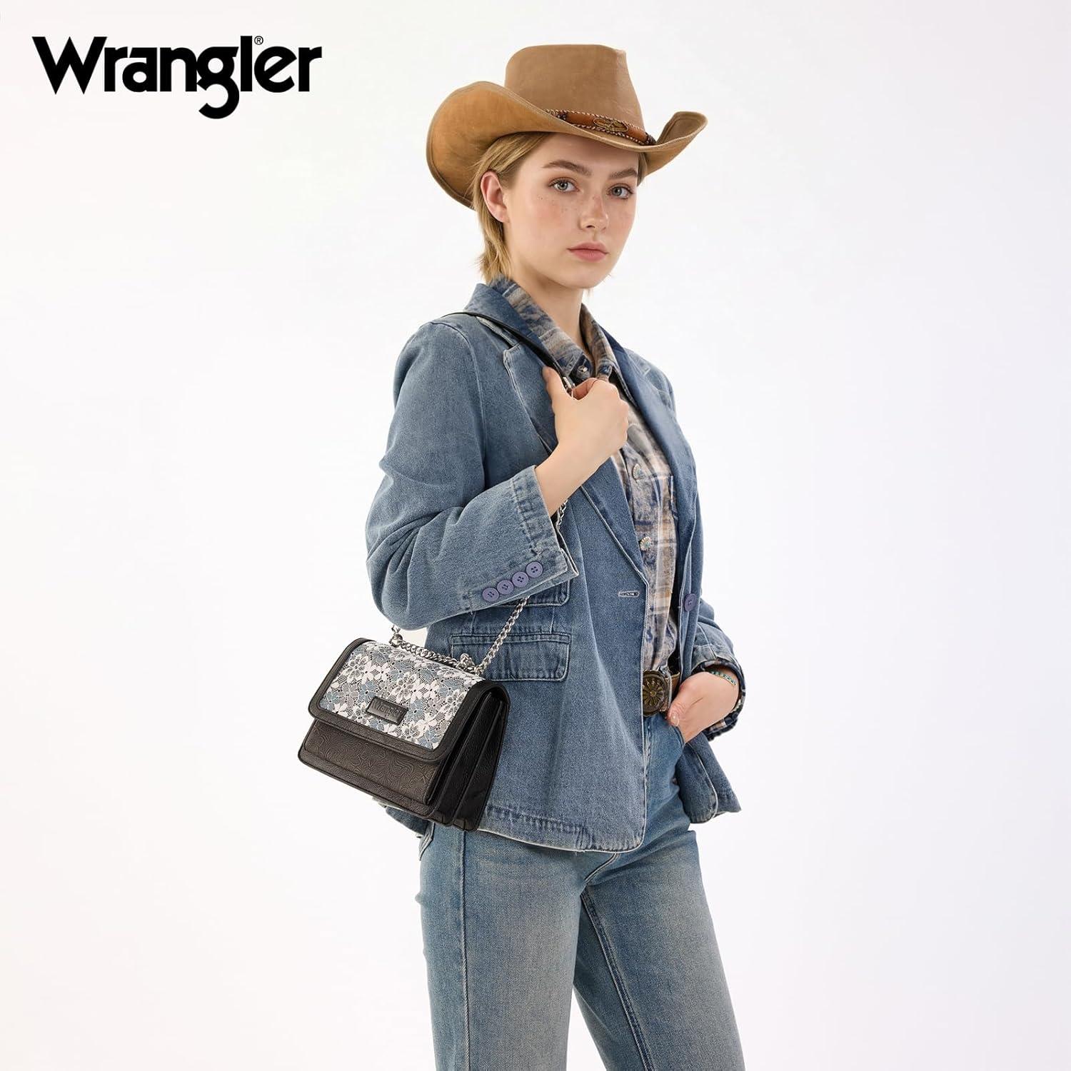 imageWrangler Flap Shoulder Bag for Women Vintage Floral Tooled Crossbody Purse with Chain StrapJet Black